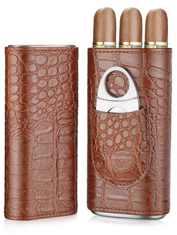 cgaplus 3-Finger Cigar Case with Cutter Crocodile Pattern Leather Cigar Humidor Case Portable Travel Case for Men(Brown)
