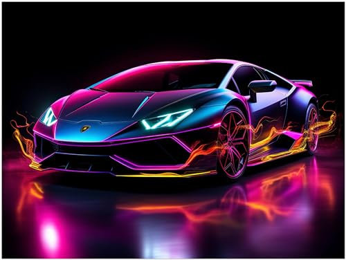 Auto Poster - Lamborghini Aventador Neon Sportwagen Kunstdruck Illustration Wandbild P487N (60x45 cm)