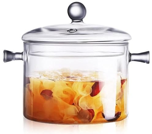 Glass Cooking Pots with Lids, 1400ml Heat-Resistant Borosilicate Glass Cooking Pan, Transparent Glass Saucepan Stockpot with lid and Double Handles for Noodle Milk Soup
