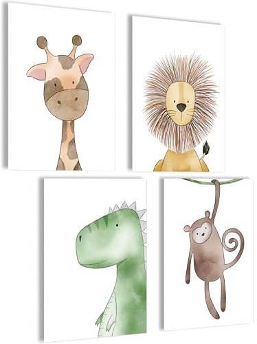 mojoliving Bilder Kinderzimmer jungen Baby Zimmer Poster Set Wandbilder Kinderzimmer mädchen Babyzimmer Deko Bilder für Baby Zimmer Dekoration (Set Giraffe, Löwe, Dino, Affe)
