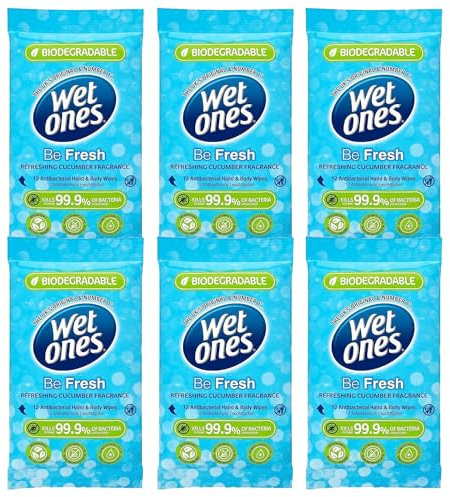 Wet Ones (Be Fresh) - Antibacterial Hand Wipes - Dermatologically Tested, Biodegradable Wet Wipes Ideal for Travel - 6 Packs of 12 Wipes (72 Wipes) - In Axpower Technology Empowering Box Packaging