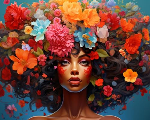 TISHIRON Peinture par numéros pour adultes, peinture par numéro, jeune femme avec des fleurs dans ses cheveux, peinture à l'huile pour adultes, enfants et débutants, portrait d'une fille noire, 40,6 x