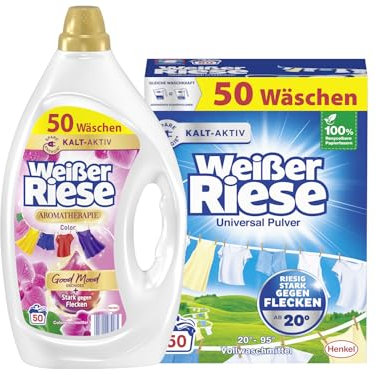 WEISSER RIESE-Set Gel 1x 50 Waschladungen Aromatherapie Color Orchidee, mit Good Mood-Duft & Pulver 1x 50 Waschladungen Universal, Vollwaschmittel wirkt riesig stark gegen Flecken