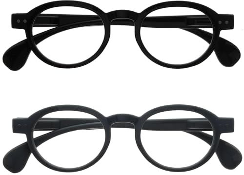 OPULIZE OCA Lesebrille - 2er-Pack - Moderne Runde Retro-Fassung - Schwarz Grau - Herren Damen - Federscharniere - RR54-17 - +2.50