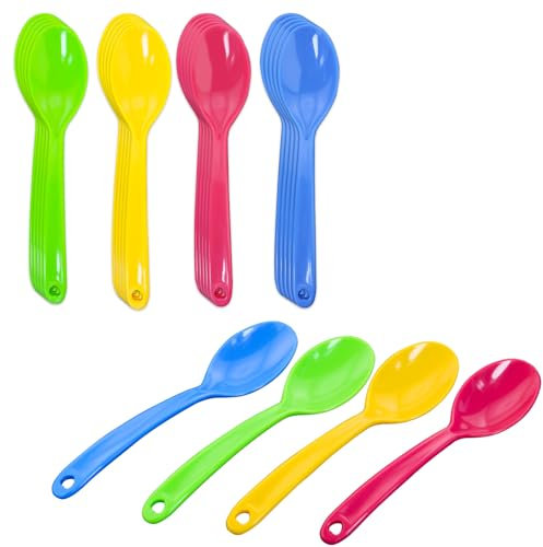 24 PCS Candy Colored Medium Weight Plastic Tea spoons Dessert Spoons Reusable Cutlery Silverware Set in Rose Red Green Blue Yellow Christmas Party Dessert Spoon