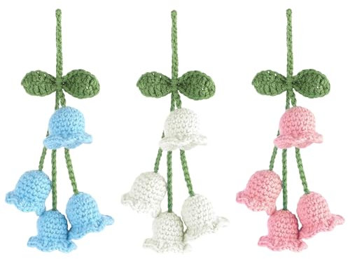 Kaserlin Rear View Mirror Hanging Accessories, Cute Car Accessories for Women,Hand Knitted Car Pendant,Crochet Hanging Plants,Mirror Hanging Accessories Car Ornament for Your Car (Pink,White,Purple)