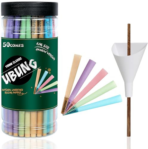 UBUNG Rainbow Cones | 50 King Size Konisch vorgedrehte Hülsen (5 Farben) Einschließlich 1 Trichterlader und 1 Putter für Verpackunge