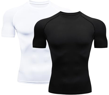 HYCOPROT Men's Compression Shirts Short Sleeve Compression Top Athletic Workout T-Shirt Quick Dry Sports Baselayer Running Undershirts Tops (UK, Alpha, L, Regular, Regular, Black+White)
