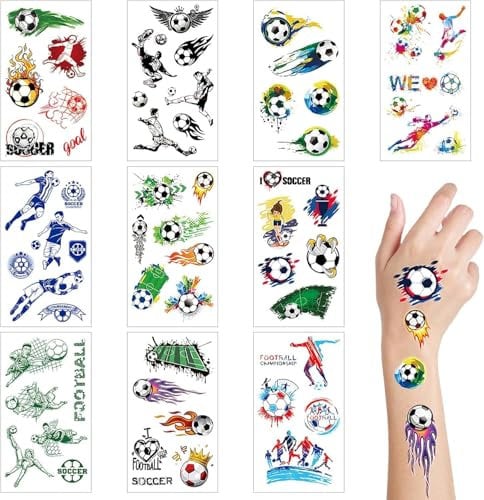 10 Sheets Football Temporary Tattoos for Kids - World Cup Soccer Party Transfer Tattoos for Children - Waterproof for Girls & Boys Birthday Party Bags Fillers