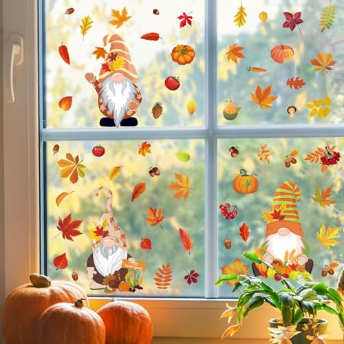 6 Stück Thanksgiving Herbstdeko Fenster Aufkleber, Selbstklebend Thanksgiving Statische Aufkleber, Ahornblatt Zwerg Herbst Fensterbilder, für Thanksgiving Party Tür Fenster bilder Herbstblätter Deko