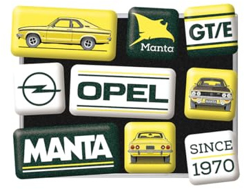 Nostalgic-Art Retro Kühlschrank-Magnete, 9 Stück, Opel – Manta – Geschenk-Idee für Opel-Zubehör Fans, Original Lizenzprodukt (OLP), Magnetset für Magnettafel, Vintage Design