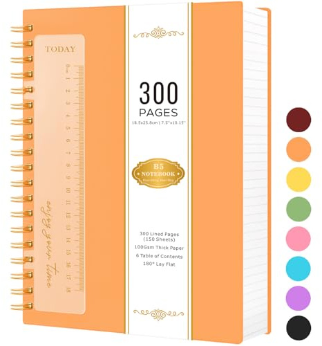 NIRMIRO Notebook B5, Notepad, 300 Pages/150 Sheets Wirebound Spiral Notebook with 100GSM Lined Paper, Ruler, PVC Cover Note Pads for Women/Men Writing Work, 18.5 x 25.8cm, Orange