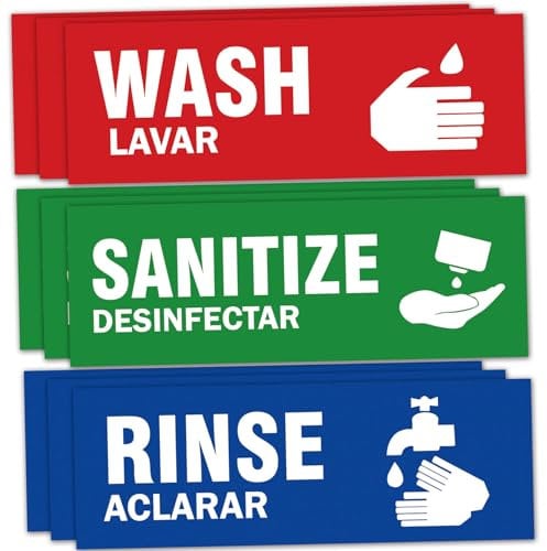 9 Pack Wash Rinse Sanitize Sink Labels, 3 Compartment Sink Stickers, sink waterproof sticker for Wash Station, Commercial Kitchens, Restaurant, Food Trucks, Busing Stations, Dishwashing. (3 Sets: 6 x