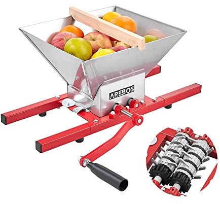 Arebos Obstmühle 7L | Beerenmühle Obstpresse | Obsthäcksler mit Handkurbel | Traubenmühle mit Edelstahl Trichter & Einfüllstutzen | Maischemühle | Mühle für Apfelwein, Apfelpresse manuell