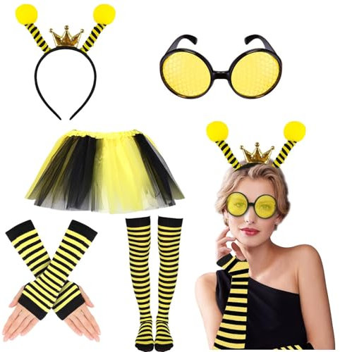 Govick Bienen kostüm Set für Damen, Bienenflügel Erwachsene Tutu Rock Bienen Haarreif Beinärmel Halloween kostüm Accessorie für Karneval Cosplay