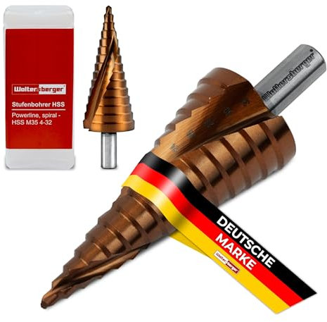 Woltersberger® Cobalt HSS-E Powerline Spiral Stufenbohrer | Kegelbohrer Ø 4-32mm | HSS Lochbohrer mit 15 Stufen passt in jedes Bohrfutter | Ideal für Edelstahl, Metall, Aluminium, Messing, Holz