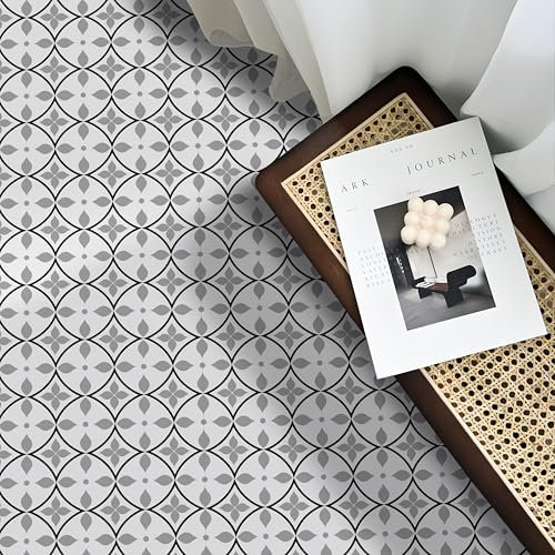 Alwayspon 20Pcs 8inch/20cm White Grey Flower Waterproof Non-slip Floor Tiles Decal for Kitchen Bathroom Living Room, Vinyl Flooring Self-adhesive Peel and Stick Vinyl Sticker, T1058