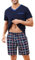 Litherday Schlafanzug Herren Kurz Sommer Baumwolle Pyjamas Set V-Ausschnitt T-Shirt mit Tasche Kariert Pyjamahose Zweiteilig Set Nachtwäsche für Männer