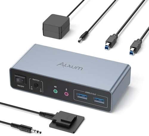 Alxum Commutatore KVM 2 Monitor 2 Computer - HDMI+Porta Display Commutatore KVM a Doppio Monitor per 2 PC, 3 puertas USB 3.0 che Supportano la Modalità Estesa/Specchio con Controller Desktop