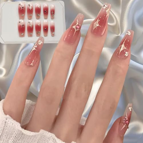 24 Stück Rosa Diamanten Künstliche Nägel Zum Aufkleben Kurz, Perle Strass French Künstliche Nägel,Square Fingernägel Fake Nails Für Frauen Und Mädchen
