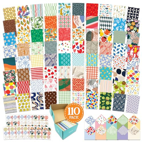 Decorably 110 Pack 4x6in Assorted Blank Cards and Envelopes Bulk with Stickers, 110 Folded Unique Designs for Friends, Family & Loved Ones - Birthday, Kids Party, Anniversary, Gifting, Mailing