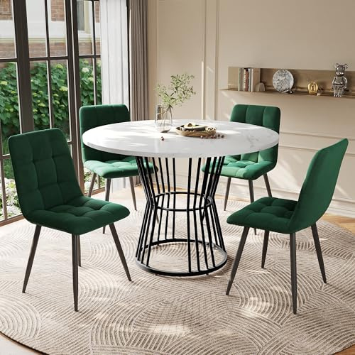 Essgruppe 5-TLG Runder Esstisch 80×80×75cm 4 Stühlen Samtsitze nussbaum Couchtisch Metallbeinen für 4 Personen für Küche Esszimmer Wohnzimmer Schwarz 1102+ Grüne