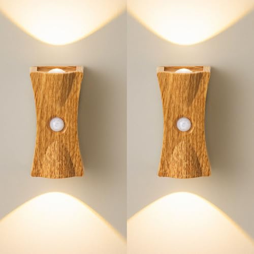 TZSMUM LED Wandlampe mit Bewegungsmelder Wandleuchte USB Aufladbare Wandbeleuchtung Indoor Dimmbar Wandleuchten mit 3 Modi (AUTO/AUS/EIN) für Treppe Wohnzimmer Schlafzimmer (Helles Holz,2 Stück)