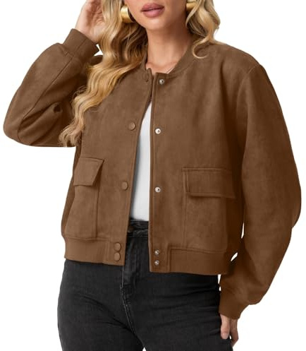 GRECERELLE Damen Bomberjacke Wildlederjacke Langarm Kurz Herbst geschnittene Übergangsjacke mit Knopfverschluss | Vintage-Design, 2 Taschen & elastische Bündchen an Ärmeln/Saum (Dunkles Braun, XL)
