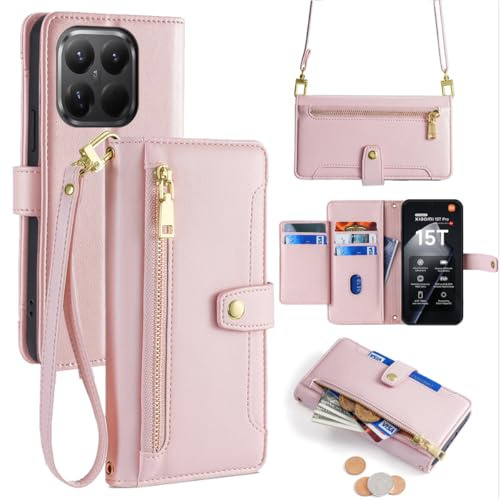 betterfon Handykette kompatibel mit Xiaomi 15T Pro | Leder Handyhülle mit Kartenfächern | Handyhülle zum Umhängen | Rosa