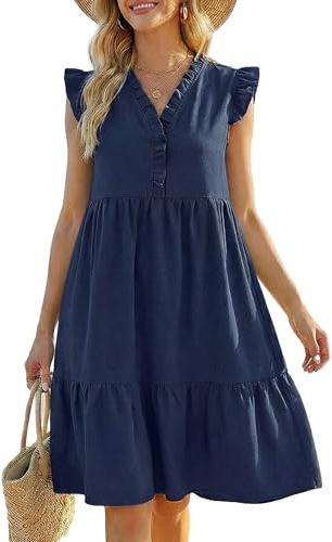 Newshows Womens Summer Dresses Casual V Neck Flutter Sleeve A Line Beach Sundress with Pockets