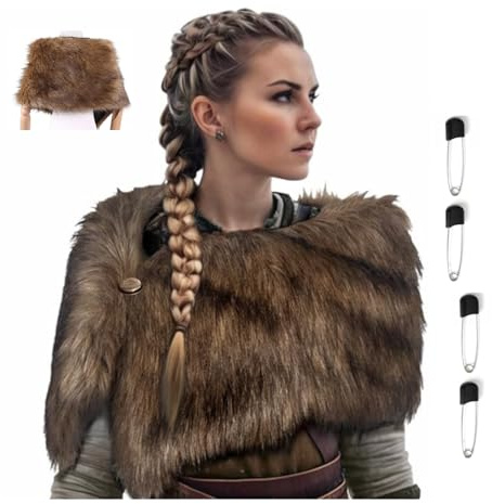 Wikinger Kostüm Damen Generisch,Wikinger Kleidung Damen für Halloween Party | Wikinger Kunstfell Kragen Schal Stola, Wikingerpelz Schulterfell Mittelalter Fell, Schulterüberwurf für Männer, Party Cosplay