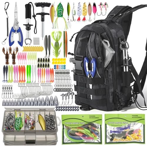 208-Teiliges Angeltaschen Set, 40L Wasserdichter Angelrucksack mit Boxen, Angeltasche für Angeln, inklusive Angelköder, Angelzangen, Fischhakenentferner und Lip Gripper für Süßwasser Salzwasser