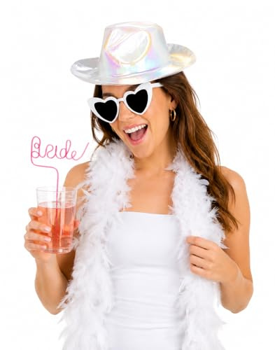 Genérico Accesorios Despedida Soltera Sombrero Vaquero Holográfico – Gafas Corazón Pajita Bride Anillo Novia – Boda Fiesta (Con boa)