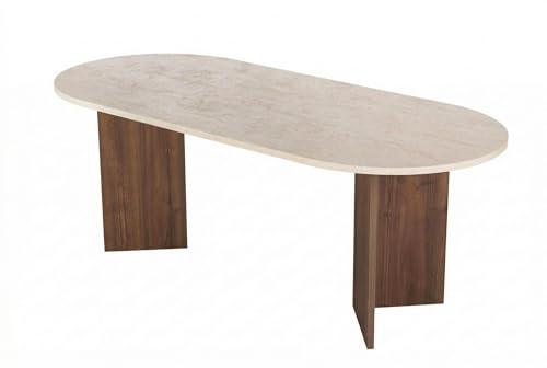 Hanah Home Eleganter Esstisch, 200 cm x 90 cm x 75 cm, Travertin & Venezia-Nussbaum | 100% melaminbeschichtet, 25 mm stark | Ideal für Moderne Essbereiche