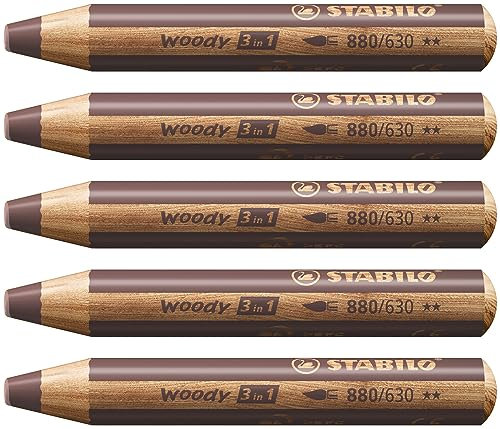 STABILO - Buntstift, Wasserfarbe & Wachsmalkreide - woody 3 in 1-5er Pack - braun