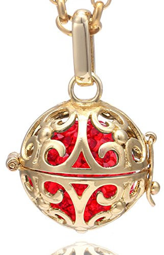 Morella Damen Halskette Edelstahl Gold 70 cm mit Ornament Anhänger und Klangkugel rot Ø 16 mm in Schmuckbeutel