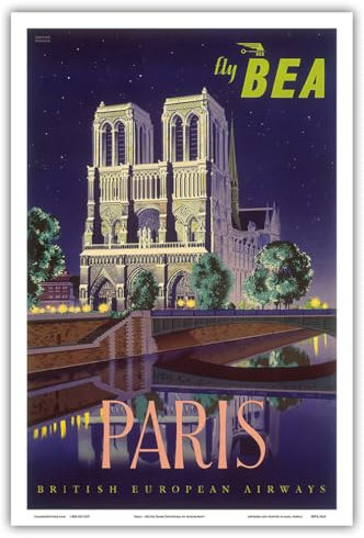 Paris – Notre Dame Cathedral by Moonlight – Fly Bea (British European Airways) – Vintage-Airline Reiseposter von Daphne Padden um 1950er Jahre – Meister-Kunstdruck (ungerahmt), 30,5 x 45,7 cm