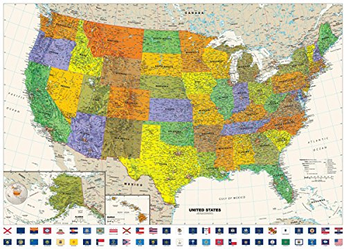 Contemporary USA Wall Map with Flags - 50 x 36 Paper