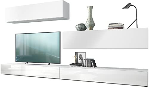 Vladon Wohnwand Nublo, Made in Germany, Anbauwand mit Rückwand mit 2 Klappen und 2 Sockelelementen, Korpus Weiß matt, Fronten Weiß Hochglanz und Weiß matt (280 x 147 x 39 cm)
