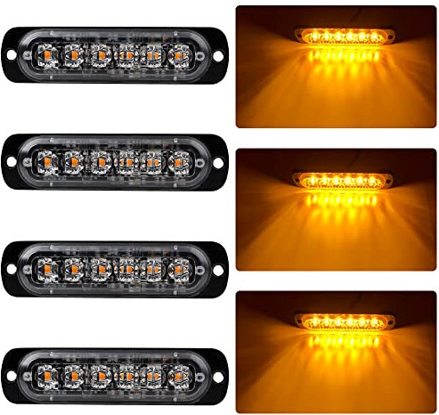4 Unids Ultra Thin 6 LED Luces de Advertencia de Emergencia Peligro Estroboscópico Intermitente Luz Universal para 12-24 V Coche Vehículo Camión Remolque Caravana Motocicleta Van(Ámbar)
