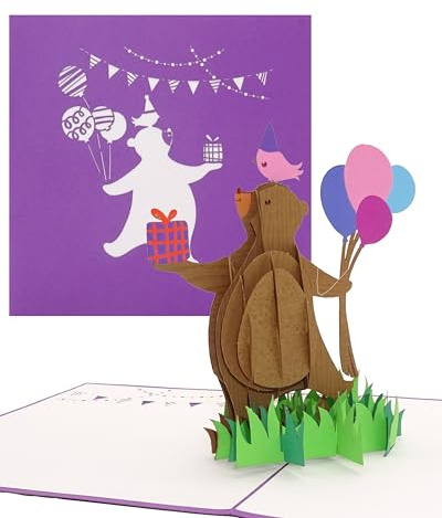 3D Pop-Up Karte Happy Bear – Teddybär & Geburtstagskarte | Fröhlicher Teddybär mit Luftballons; Glückwunschkarte, Einladung, Gutschein oder Geschenkidee zum Geburtstag und Jubiläum.