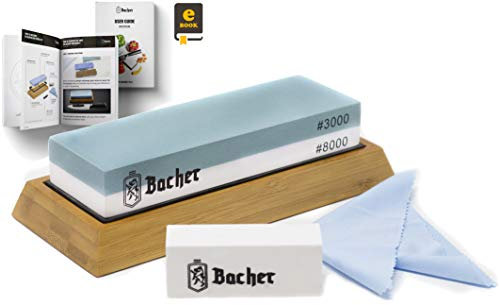 BACHER Premium Schleifstein. Zweiseitig, Körnung 3000/8000 Wetzstein Abziehsteine. Messerschärfer Wasserstein mit rutschfestem Bambusblock, Läppstein und detaillierter eBook-Anleitung