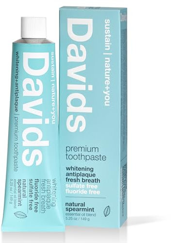 Davids Natural Toothpaste, SPEARMINT, Whitening, Antiplaque, Fluoride Free, SLS Free, 5.25 OZ Metal Tube, Tube Roller Incl.