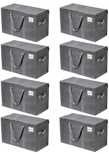 VENO 8 Pack Extra Large Moving Storage Bags with Zips, Heavy-Duty Organizer Tote, Clothes Box Alternative, Packing Bin, Tag Pocket for Label, Water-Resistant (Gray, 8 Pack)