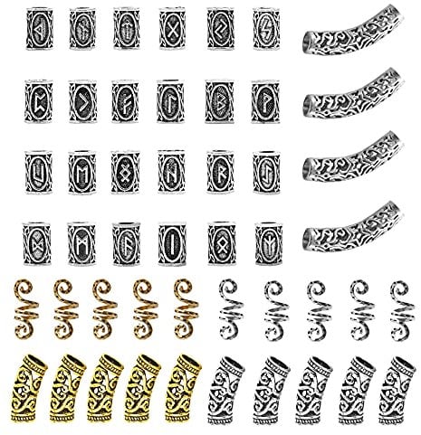 Pamtns 48 Stücke Bartperle Wikinger Bart Perlen Wikinger Rune Bart Perlen Antike Nordische Haarschlauch Perlen Dreadlocks Perlen Flechten Runenperlen für Haar Flecht