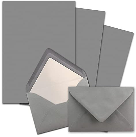 50x Briefpapier-Sets DIN A4 mit C6 gefütterten Briefumschlägen, Nassklebung - Graphitgrau (Dunkelgrau) - mattes Schreibpapier und Kuverts mit weißem Seidenfutter