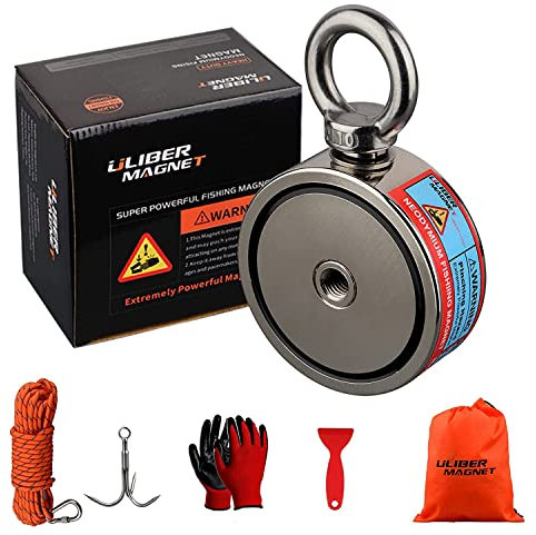 ULIBERMAGNET Doppelseitige Angelmagnete Superstark, kombiniertes 400kg N52 Neodym-Magnet-Angelset Starter mit Seil, Klaue, Handschuhen für magnetisches Angeln und Schatzsuche unter Wasser