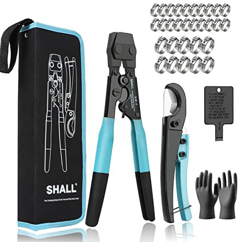 SHALL Pex Crimpklemme Cinch Werkzeug und Rohrschlauchschneider, Rohrverschraubung, Crimpwerkzeug-Set erfüllt ASTM F2098 für 3/8 Zoll bis 1 Zoll Edelstahlschellen, einschließlich 20 Stück 1/2 Zoll, 10