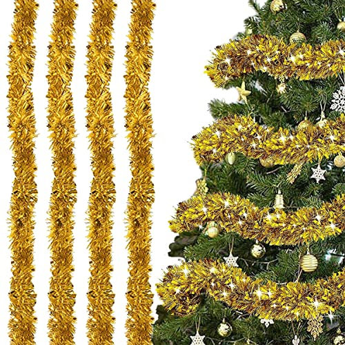 SUNCHE 4 Stück Weihnachten Lametta Girlande, Weihnachten Lametta Glänzend, Weihnachten Deko Lametta, 2m Glänzend Lametta Girlande, Dekoration für Weihnachtsbaum Weihnachtsfeier Geburtstagsparty, Gold