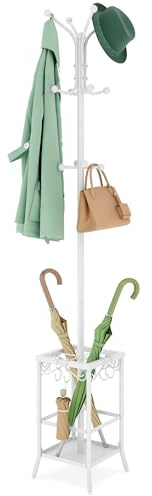 Hoctieon Coat Rack Freestanding, Coat Tree with Umbrella Holder, Metal Coat Rack Stand with 12 Hooks, Standing Coat Hanger Stand, Umbrella Stand for Entryway, Hat Rack Stand for Home Office, White
